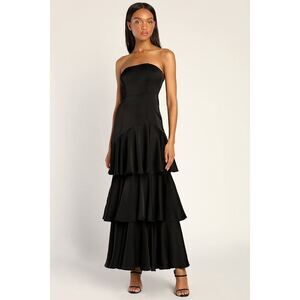 Lulus Blissfully Beautiful Black Satin Strapless Tiered Maxi Dress - Size M